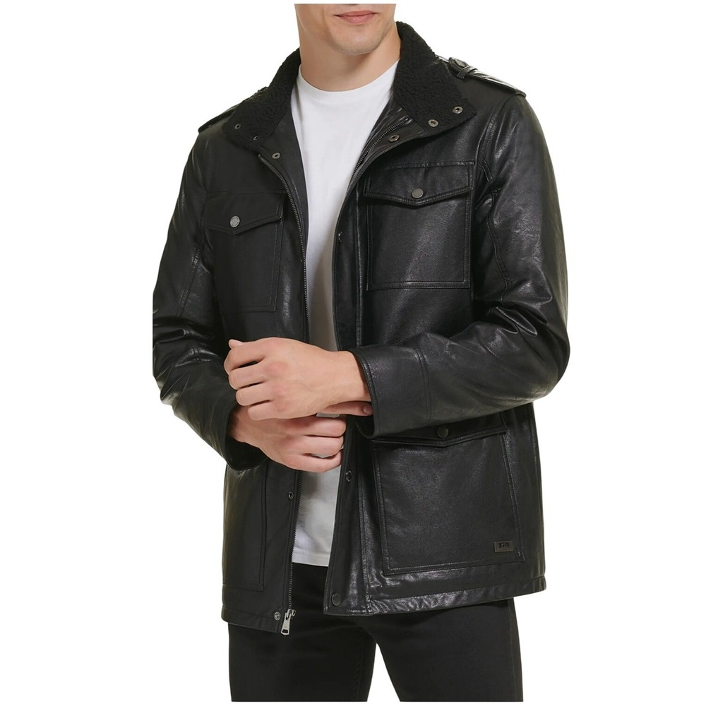 NWT Kenneth Cole New York Men's Faux Leather Sherpa Field Jacket Black L